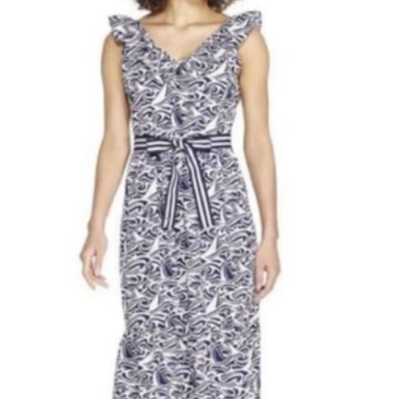 Vineyard Vines Navy and White Patterned Midi Dress - Picture 1 of 10
